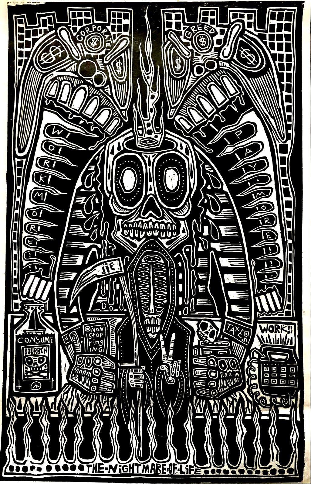 Tim Tanker "Nightmare of Life" Woodcut Print