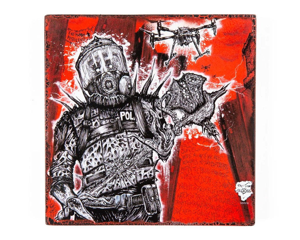 Dave Glass "End Human Pestilence" Antique Wood Plaque